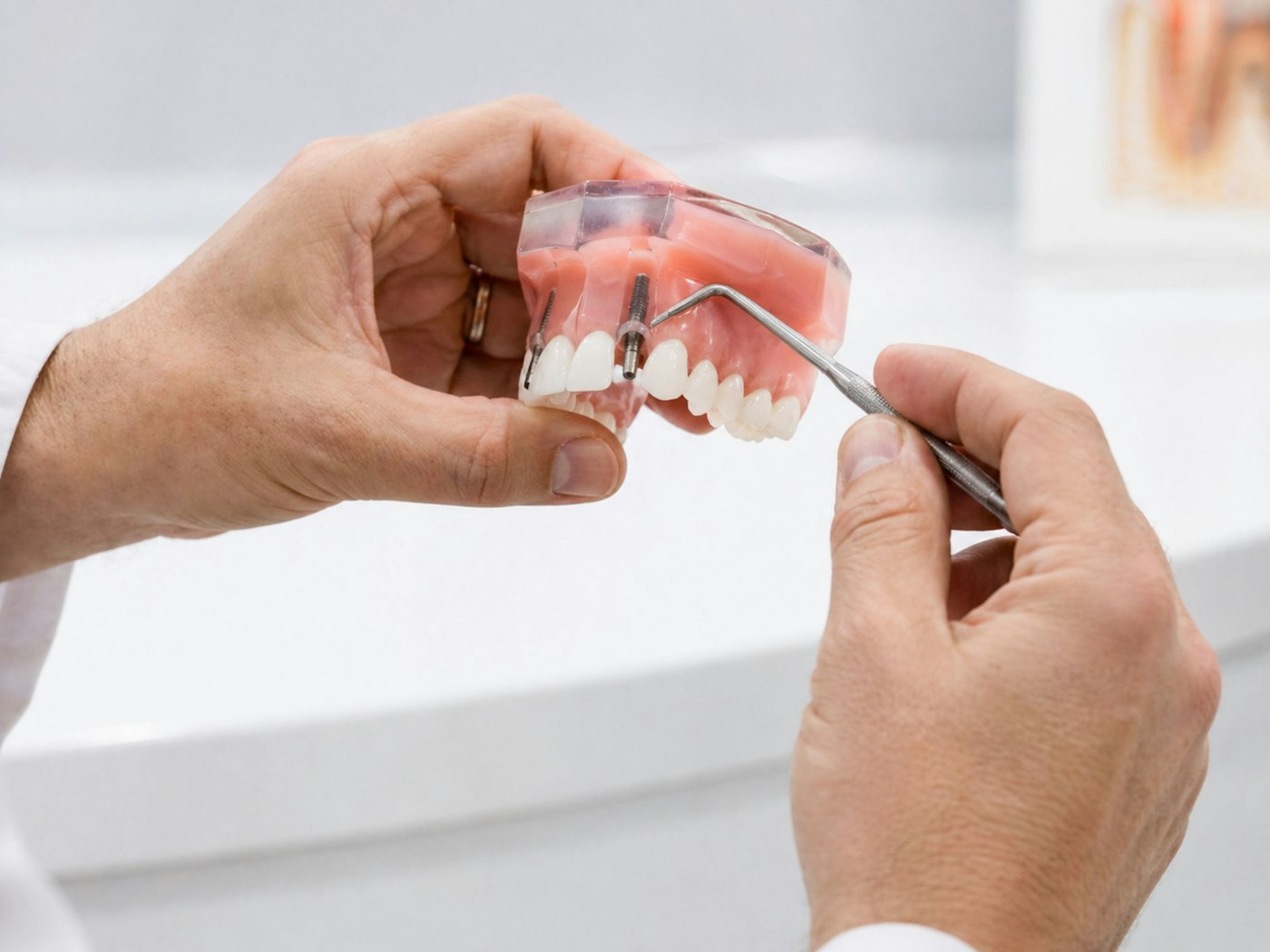 A dentist demonstrating a dental implant on a model of the jaw