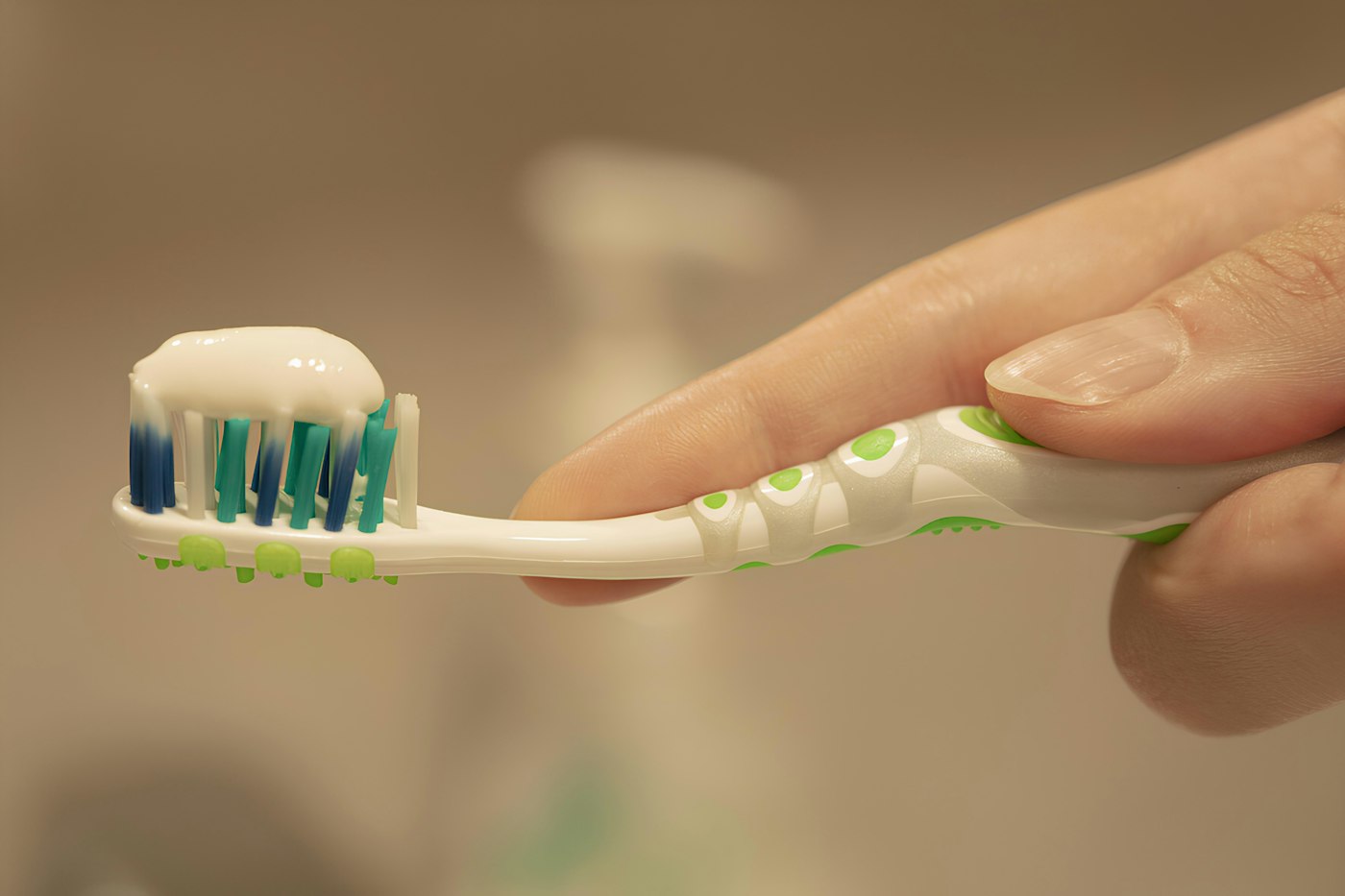 A hand holding a toothbrush with toothpaste on it
